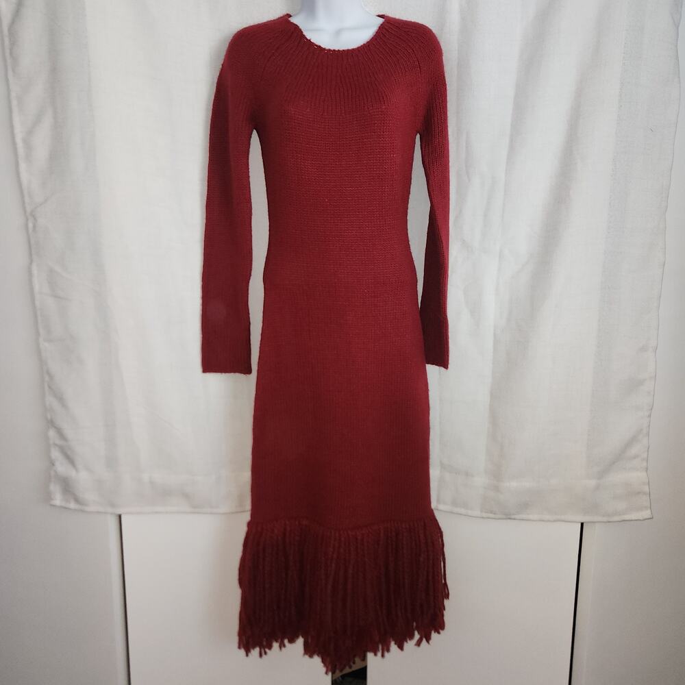 Marina Moscone RTR design collective, red fringe, knit sweater midi dress sz Sm
